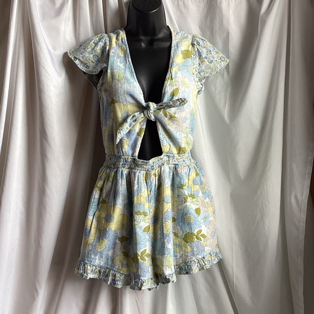 American Eagle Outfitters Tie Front Cutout Floral Jumpsuit - Blue and Yellow